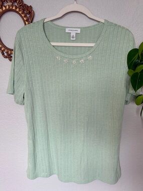 Mint Sage Green Ribbed Short Sleeve Top with Floral Embroidered Detail